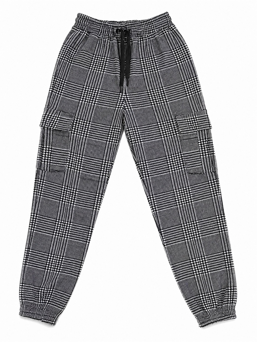 Plaid Jogger Pants Small Black White Houndstooth Elastic Waist Cargo